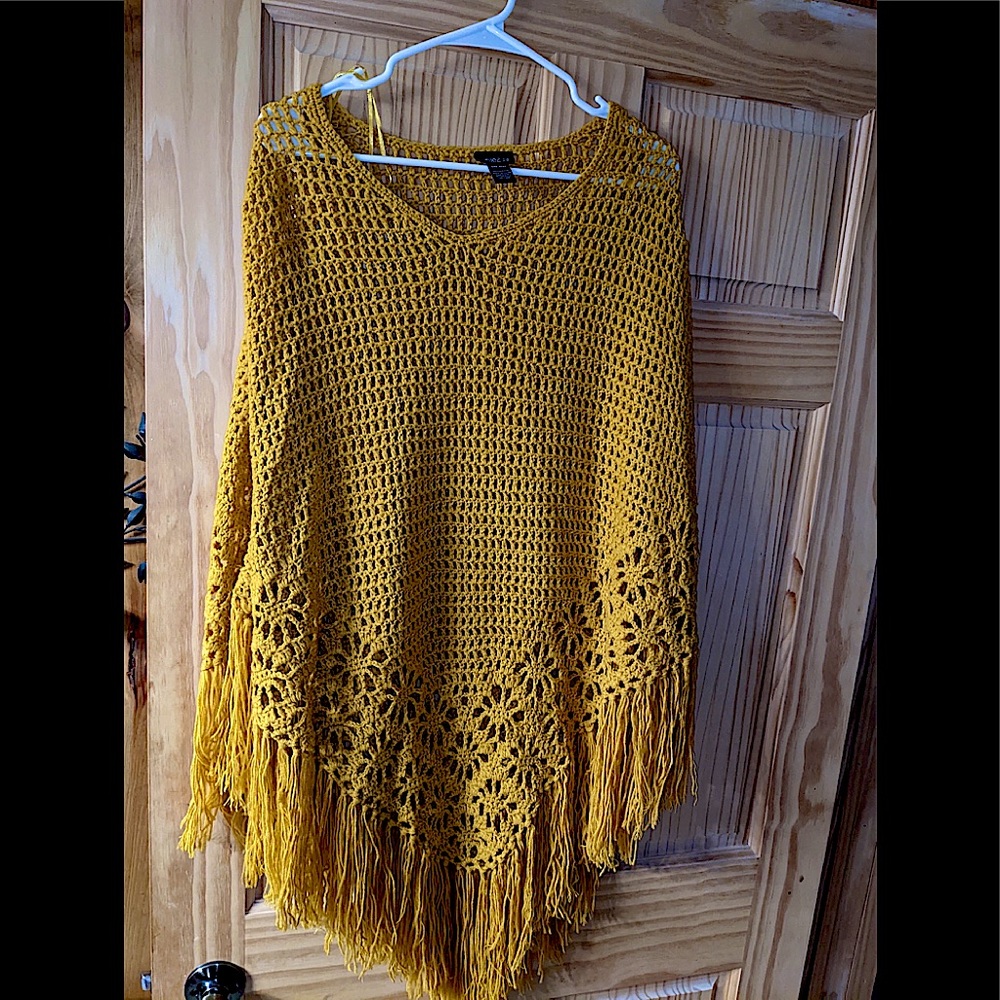 Rue21 Women's Mustard Yellow Crochet Knit Fringe Poncho